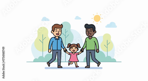 Happy interracial gay family with two fathers and a daughter. Modern parenting and diversity concept. Cartoon vector illustration