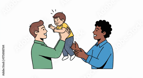 Diverse gay couple playing with their son. Modern family and fatherhood concept. Simple flat vector illustration