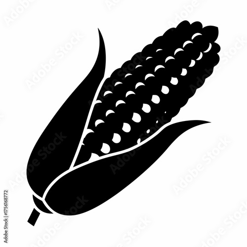 Stylized black and white illustration of a single ear of corn graphic