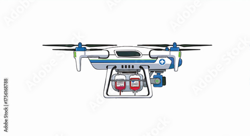 Vector illustration of a medical drone for blood transport. Emergency healthcare delivery and logistics concept. Unmanned quadcopter carrying blood bags.