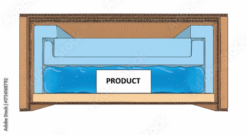 Cross-section of an insulated shipping box. Vector illustration of cold chain logistics and temperature controlled packaging. Diagram showing a product with foam and gel pack protection