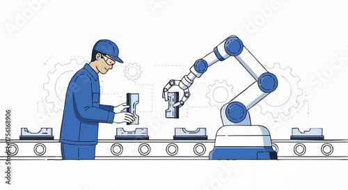 Simple vector illustration of a worker collaborating with a robot. Human and robotic arm on a factory assembly line. Industry 4.0 and smart manufacturing concept