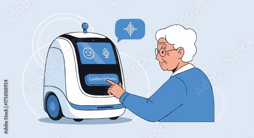An elderly woman interacting with an autonomous delivery robot. Assistive technology for seniors and future logistics concept. Flat design vector illustration