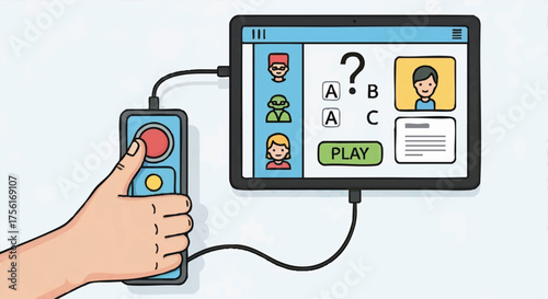 A hand using an adaptive switch controller for a tablet game. Assistive technology and accessibility concept for disability. Cartoon vector illustration