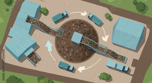Top-down perspective vector art of a large scale composting facility. Waste management and recycling process diagram. Circular economy and sustainability concept illustration