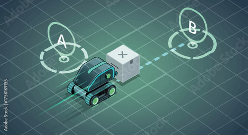 An autonomous delivery robot moving a package from point A to B. Isometric vector illustration of logistics and automation. Future technology and supply chain concept