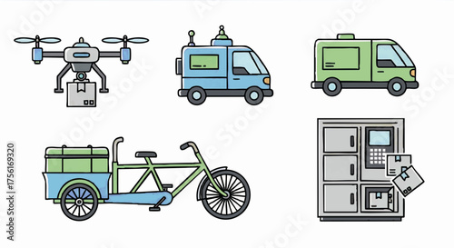 Vector icon set of last mile delivery methods. Drone, autonomous vehicle, and smart locker illustrations. Hand-drawn cartoon style for logistics and e-commerce