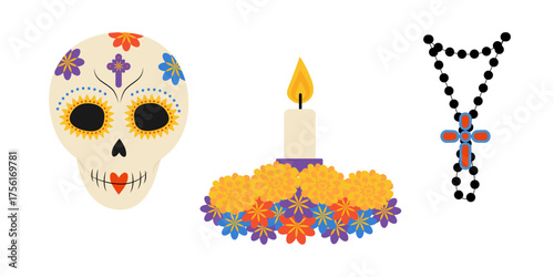 Sugar Skull Floral Altar with Burning Candle and Rosary with Cross. Day of the Dead Design Elements