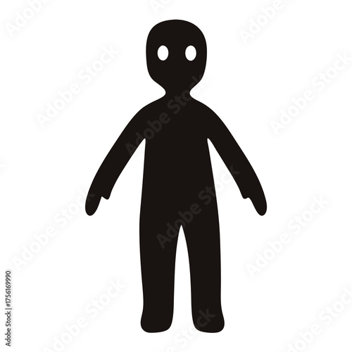 Stylized black silhouette of a humanoid figure with large white eyes