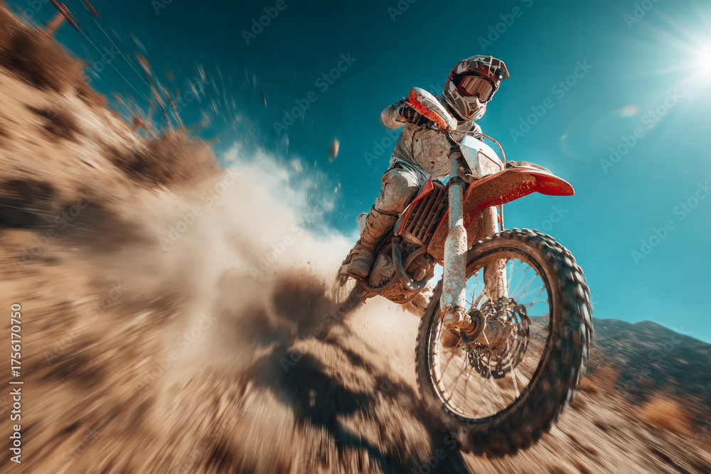 Naklejka premium Motocross rider speeding across a dry desert landscape, kicking up dust and dirt