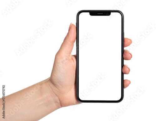 Human hand holding a black smartphone, front-facing, with the screen entirely black