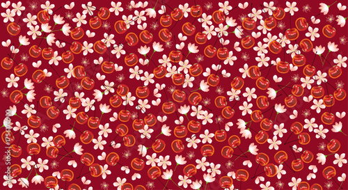 さくらんぼと花のシームレス壁紙・密集版