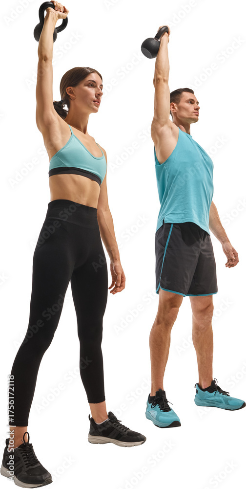 Fototapeta premium Athletic man and woman lifting kettlebells overhead during strength workout. Concept of balance, physical harmony expressing motivation, power, and shared fitness goals. Transparent background