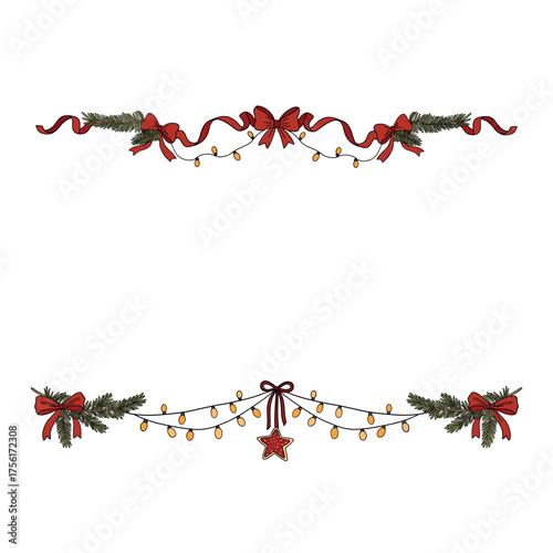 Hand-drawn doodle Christmas garland border with festive ribbons, pine branches, and ornaments. Cozy holiday banner with space for text. Perfect for cards, invitations, and festive layouts.

