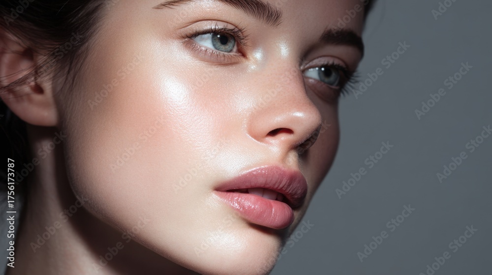 Fototapeta premium Close-up portrait of a young woman showcasing natural beauty with glowing skin, delicate features, and captivating blue eyes, highlighting freshness and radiance