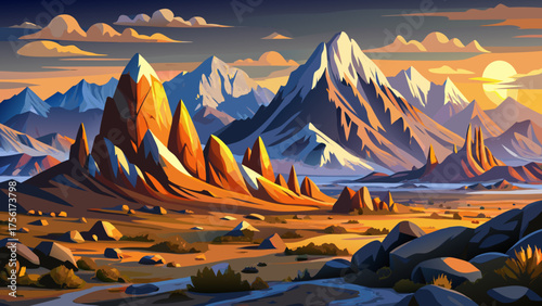 Very beautiful panoramic view of Sierra Nevada Mountains and Alabama Hills, California, USA, at sunrise, showcasing rugged peaks, golden light, dramatic rock formations, and expansive natural landscap