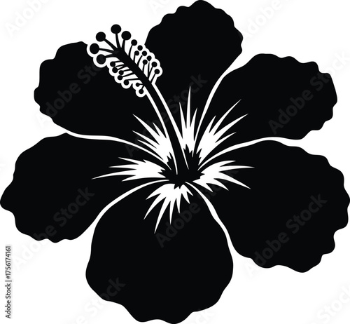 Bold black silhouette of a tropical hibiscus flower with detailed stamens elegant botanical art isolated on transparent background