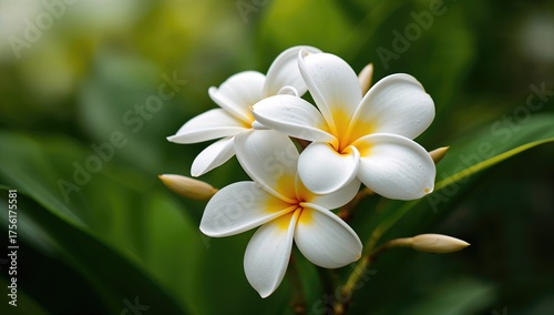 White Plumeria Blossoms with Yellow Centers Amid Lush Green Foliage and Soft Focus Background