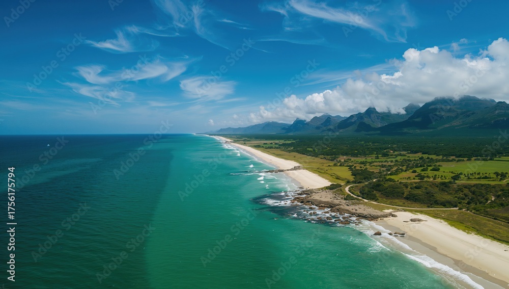 Fototapeta premium Bird's-eye perspective of a rocky shoreline by the ocean in summer with clear sky, beach, and lush greenery