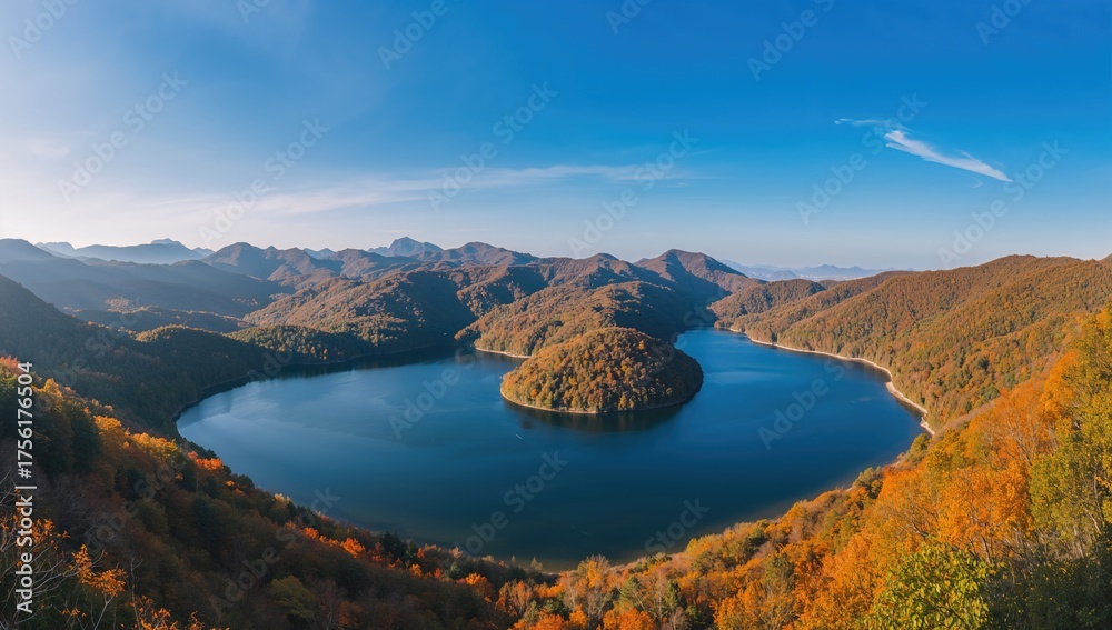 Fototapeta premium Aerial view of a reservoir surrounded by fall foliage