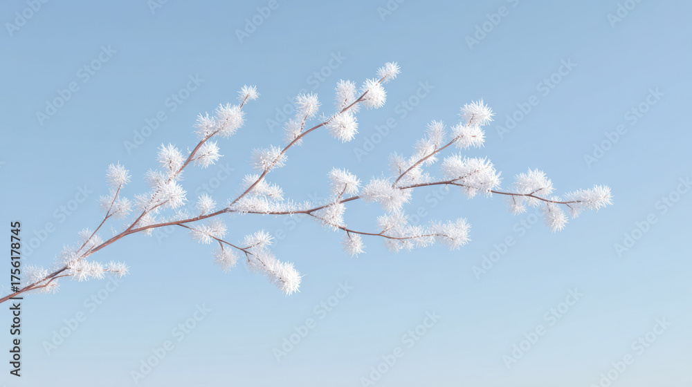 Obraz premium Serene winter branch covered in snow against blue sky. simple natural decoration for sustainable christmas. feeling is tranquil and cold with beautiful icy texture
