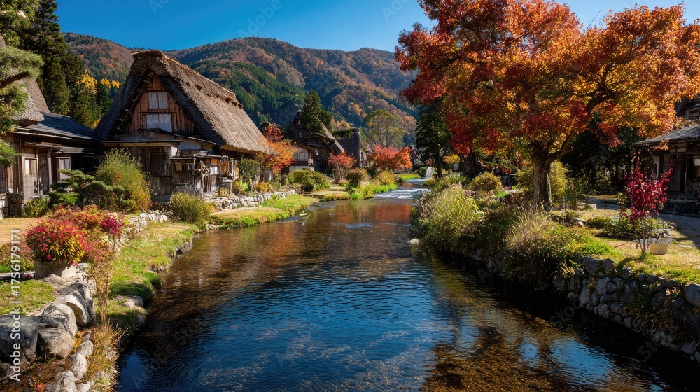 Obraz premium Tranquil River Flowing Through Autumn Landscape in Traditional Village