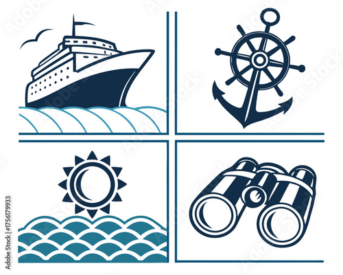 Nautical themed illustration featuring cruise ship and sea