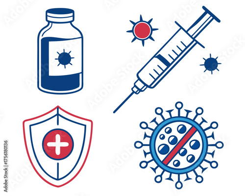 Vaccine and immunity icons with syringe and shield