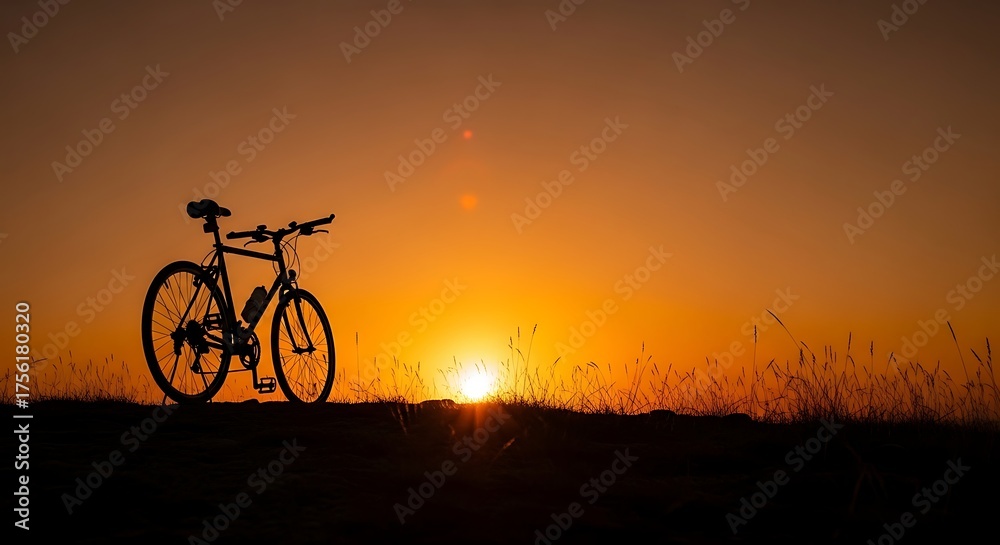 Obraz premium Silhouette of a bicycle against a vibrant sunset sky.