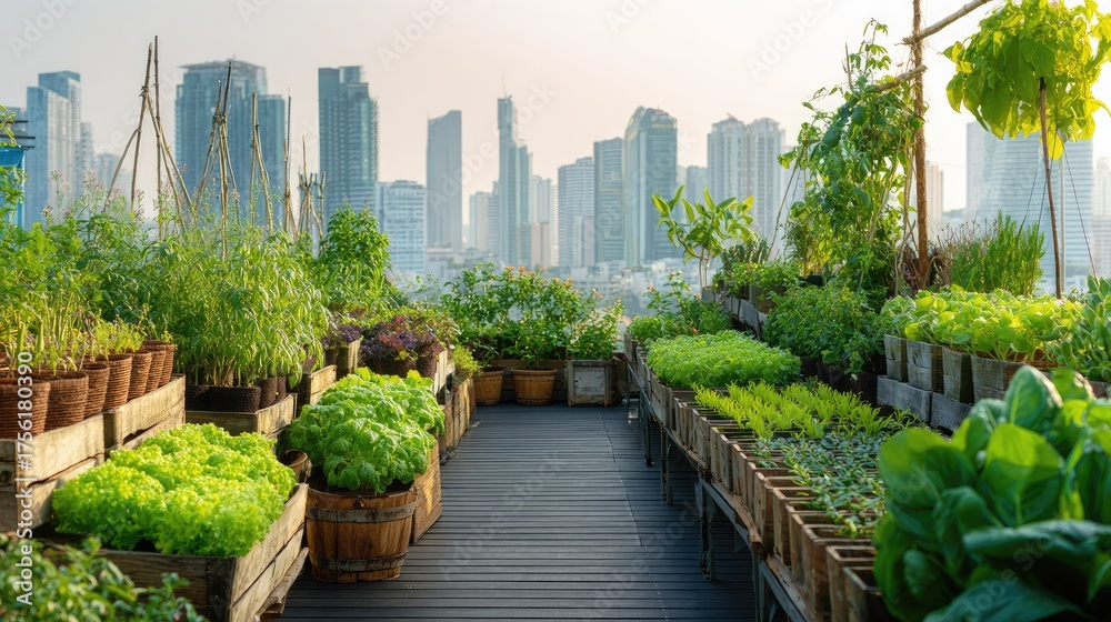 Fototapeta premium Urban Rooftop Garden with City Skyline in Background at Sunset