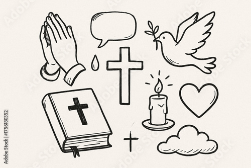 Religious Symbols Doodle – Hand-Drawn Confession, Cross, Dove & More