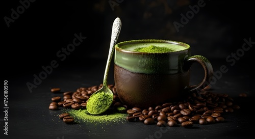 Matcha Tea & Coffee Beans on Dark Background – Macro Still Life Photography
