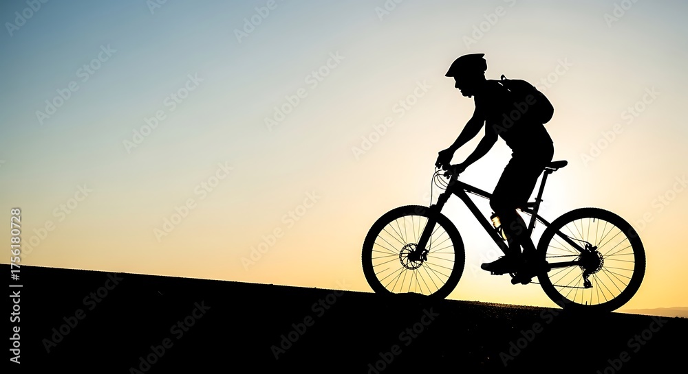 Obraz premium Silhouette of a cyclist riding uphill against a vibrant sunset.