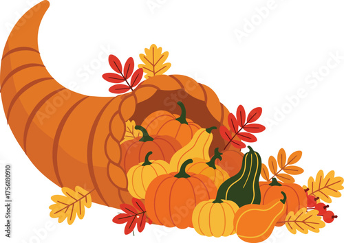 Cornucopia of autumn harvest with pumpkins gourds and fall leaves abundant isolated on transparent background