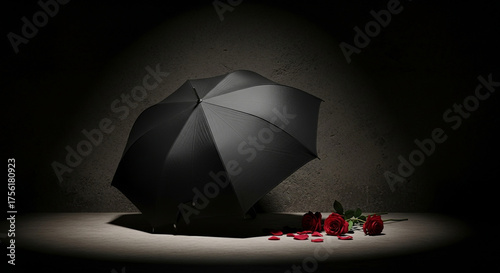 Black Umbrella and Red Roses A Symbol of Mourning or Remembrance in a Dark Setting