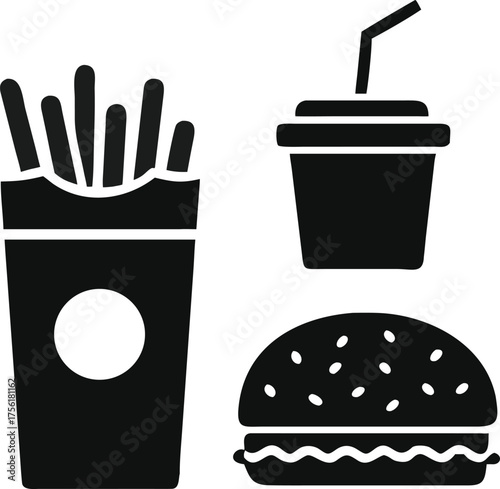 Fast food silhouette vector illustration burger fries drink combo restaurant snack icon set black isolated design.