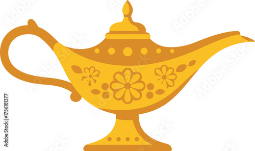 Ornate golden magic lamp with decorative patterns and spout for wishes isolated on transparent background