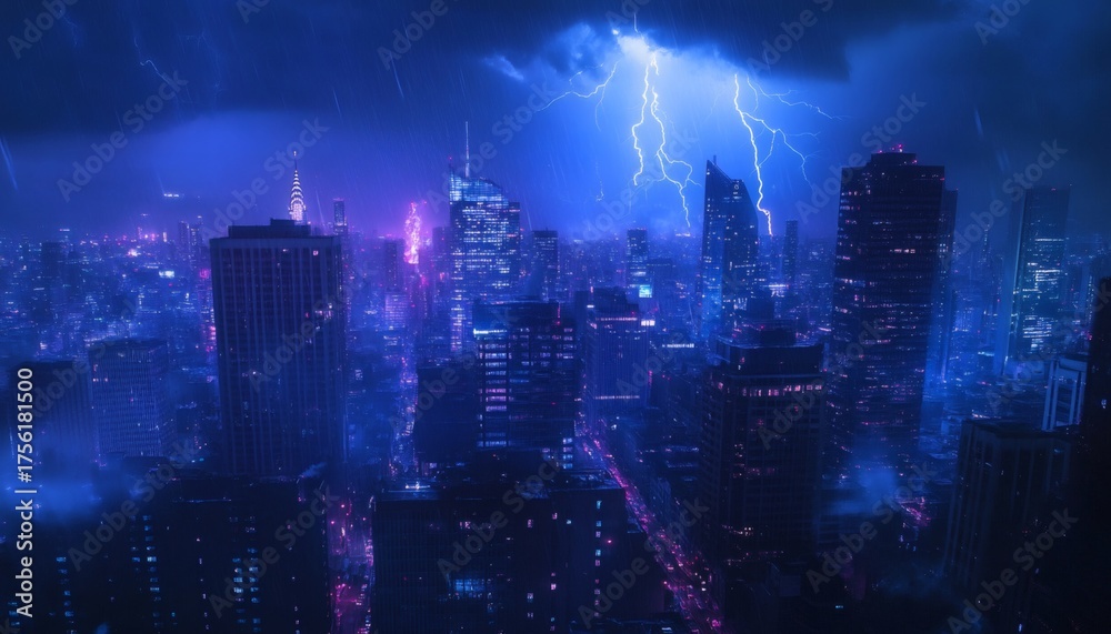 Fototapeta premium A nighttime city scene shows skyscrapers illuminated against a stormy sky filled with lightning bolts and rain.