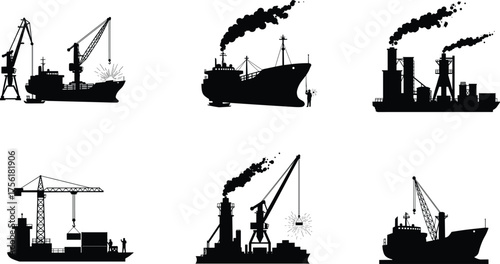 Industrial silhouette illustration set, cargo ship, construction crane, smokestack factory, maritime port, shipping container, logistics design, black vector artwork