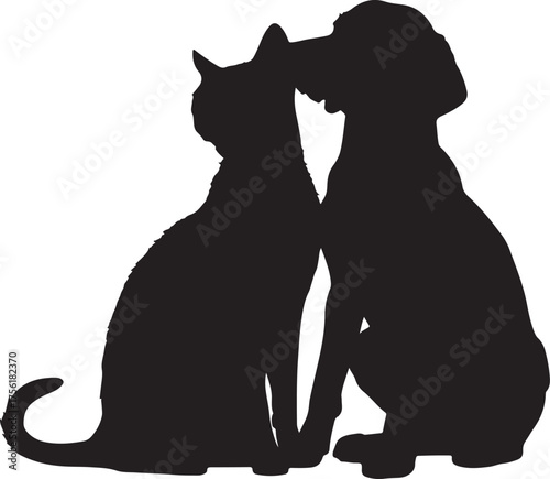 Silhouette of a Cat and Dog Sitting Together with Heads Touching on a White Background animal