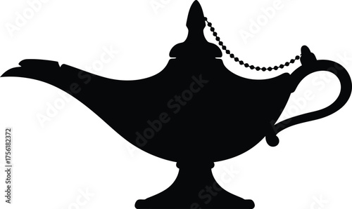 Silhouette of an ornate aladdin's magic lamp evoking fantasy wishes and ancient arabian tales isolated on transparent background