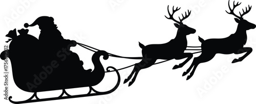 Santa claus sleigh ride with reindeer silhouette festive christmas holiday celebration isolated on transparent background