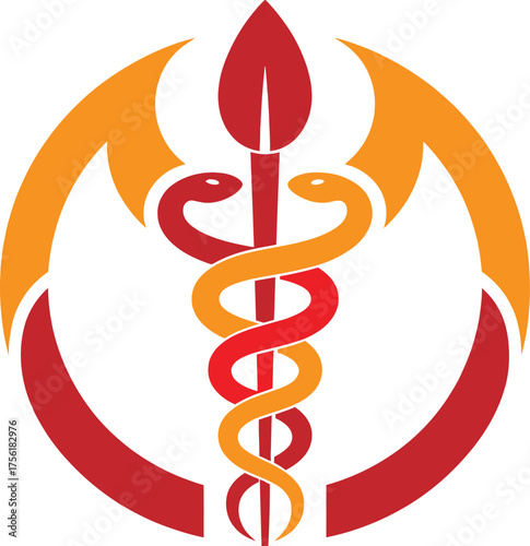 Medical caduceus symbol with upward arrows and leaf for healthcare and wellness