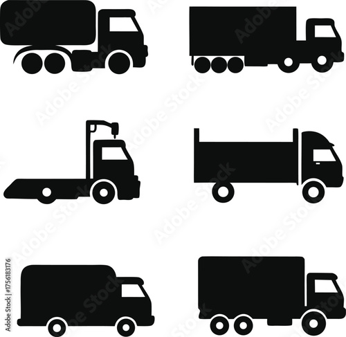 Truck and trailer vector set black and white flat illustration icons on transparent background