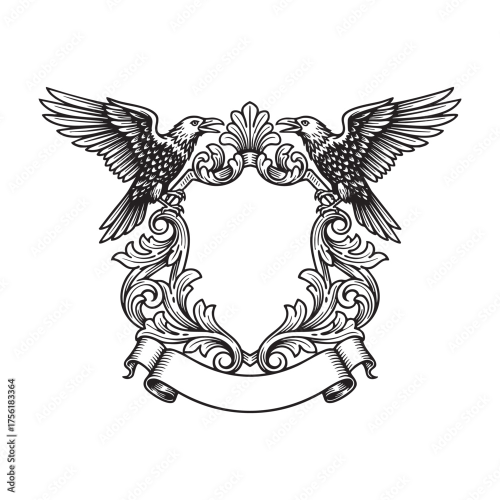 Fototapeta premium Vintage Heraldic Frame with Two Spreading raven bird and Ornate Baroque Scrollwork Engraving