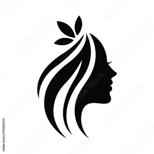 Elegant silhouette of a woman with long hair and leaves, symbolizing natural beauty and wellness. Perfect for beauty, spa, skincare, and eco-friendly brand logo design.
