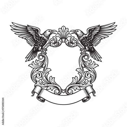 Vintage Heraldic Frame with Two Spreading raven bird and Ornate Baroque Scrollwork Engraving