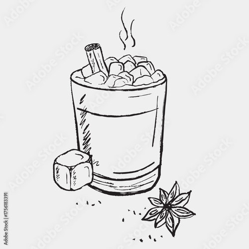 Hand drawn hot chocolate glass with marshmallow, cinnamon stick and anise star. Vector sketch illustration in vintage crayon textured style. Cozy winter drink, Christmas beverage.