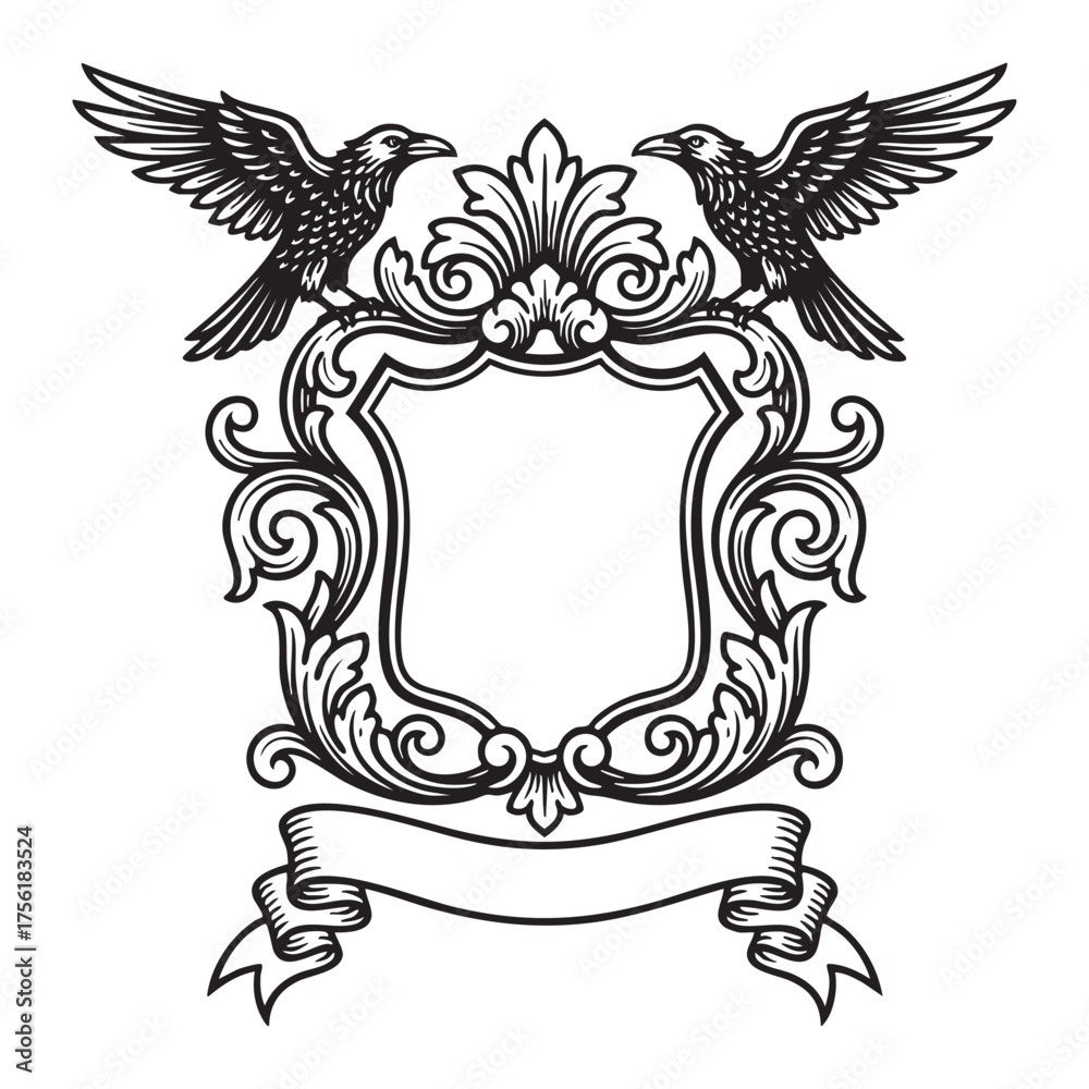 Fototapeta premium Vintage Heraldic Frame with Two Spreading raven bird and Ornate Baroque Scrollwork Engraving