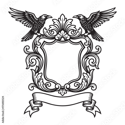 Vintage Heraldic Frame with Two Spreading raven bird and Ornate Baroque Scrollwork Engraving
